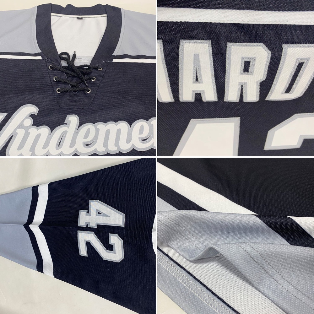 Custom Black White Silver Hockey Lace Neck Jersey, New Hockey Jersey, Personali Sport Team Jersey Shirt