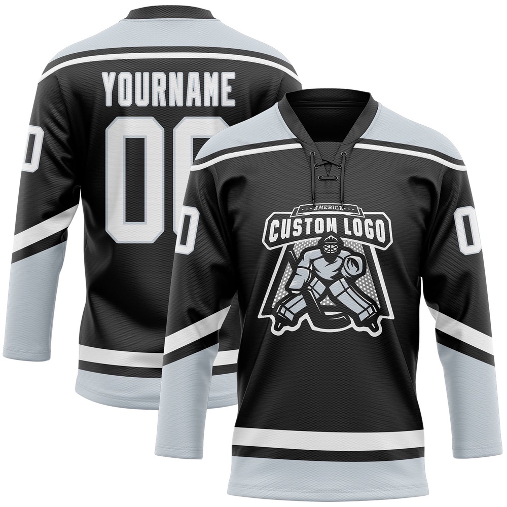 Custom Black White Silver Hockey Lace Neck Jersey, New Hockey Jersey, Personali Sport Team Jersey Shirt