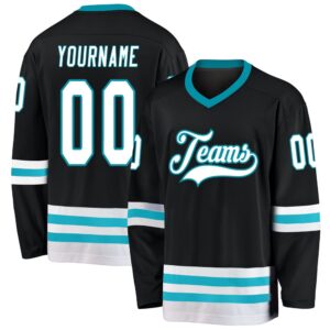 Custom Black White Teal Hockey Jersey, New&hellip;