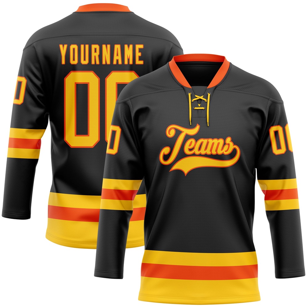 Custom Black Yellow Orange Hockey Lace Neck Jersey, New Hockey Jersey, Personali Sport Team Jersey Shirt