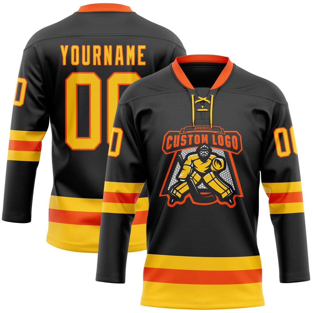 Custom Black Yellow Orange Hockey Lace Neck Jersey, New Hockey Jersey, Personali Sport Team Jersey Shirt