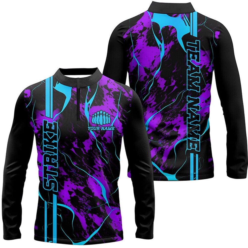 Custom Blue And Purple Camo Strike Bowling Shirts For Men, Bowling Team Uniform With Name, Personalized Bowling Team Shirt