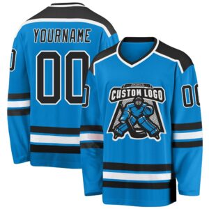 Custom Blue Black White Hockey Jersey, New&hellip;