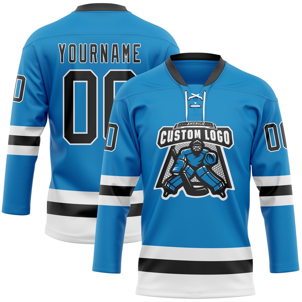 Custom Blue Black White Hockey Lace Neck Jersey, New Hockey Jersey, Personali Sport Team Jersey Shirt