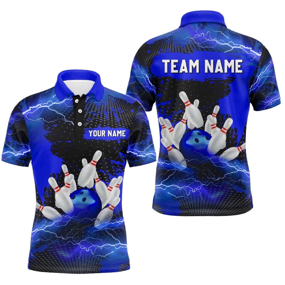 Custom Blue Bowling Polo Shirts Men & Women Lightning Thunder Bowling Team Polo Shirt, Personalized Bowling Team Shirt Custom Blue Bowling Polo Shirts Men & Women Lightning Thunder Bowling Team Polo Shirt, Personalized Bowling Team Shirt