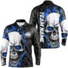 Custom Blue Flame Bowling Team Shirts, Halloween Skull Bowling Polo Shirt For Men, Personalized Bowling Team Shirt