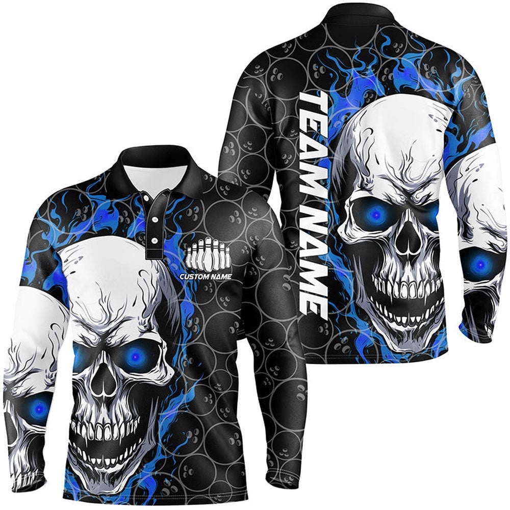 Custom Blue Flame Skull Bowling Shirts For Men, Bowling Team Long Sleeve Bowling Shirts, Personalized Bowling Team Shirt Custom Blue Flame Skull Bowling Shirts For Men, Bowling Team Long Sleeve Bowling Shirts, Personalized Bowling Team Shirt
