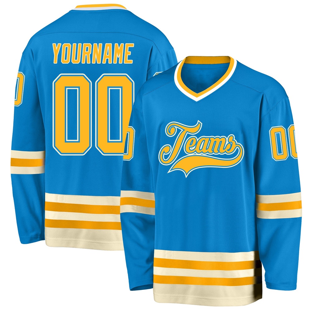 Custom Blue Gold Cream Hockey Jersey, New Hockey Jersey, Personali Sport Team Jersey Shirt
