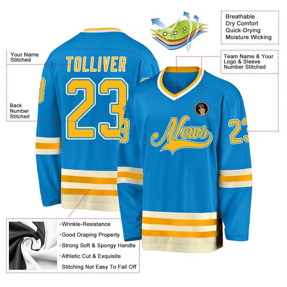 Custom Blue Gold Cream Hockey Jersey, New Hockey Jersey, Personali Sport Team Jersey Shirt