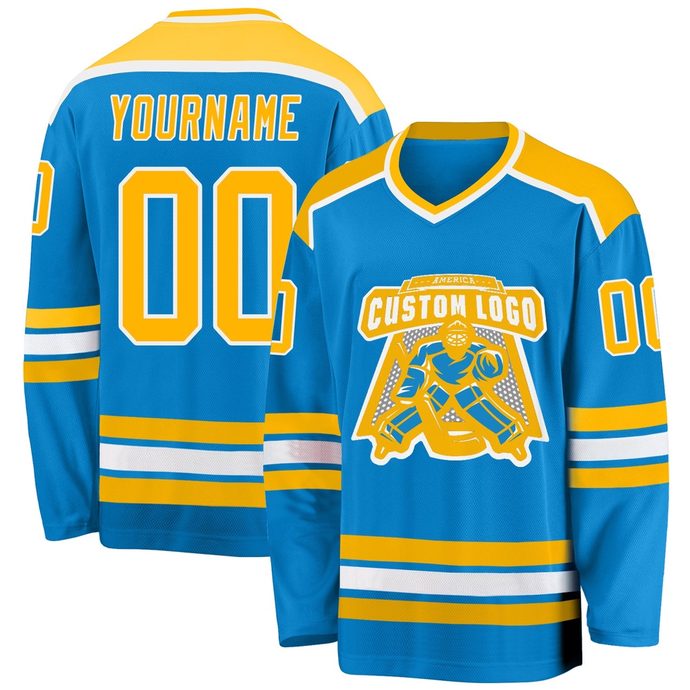 Custom Blue Gold White Hockey Jersey, New Hockey Jersey, Personali Sport Team Jersey Shirt
