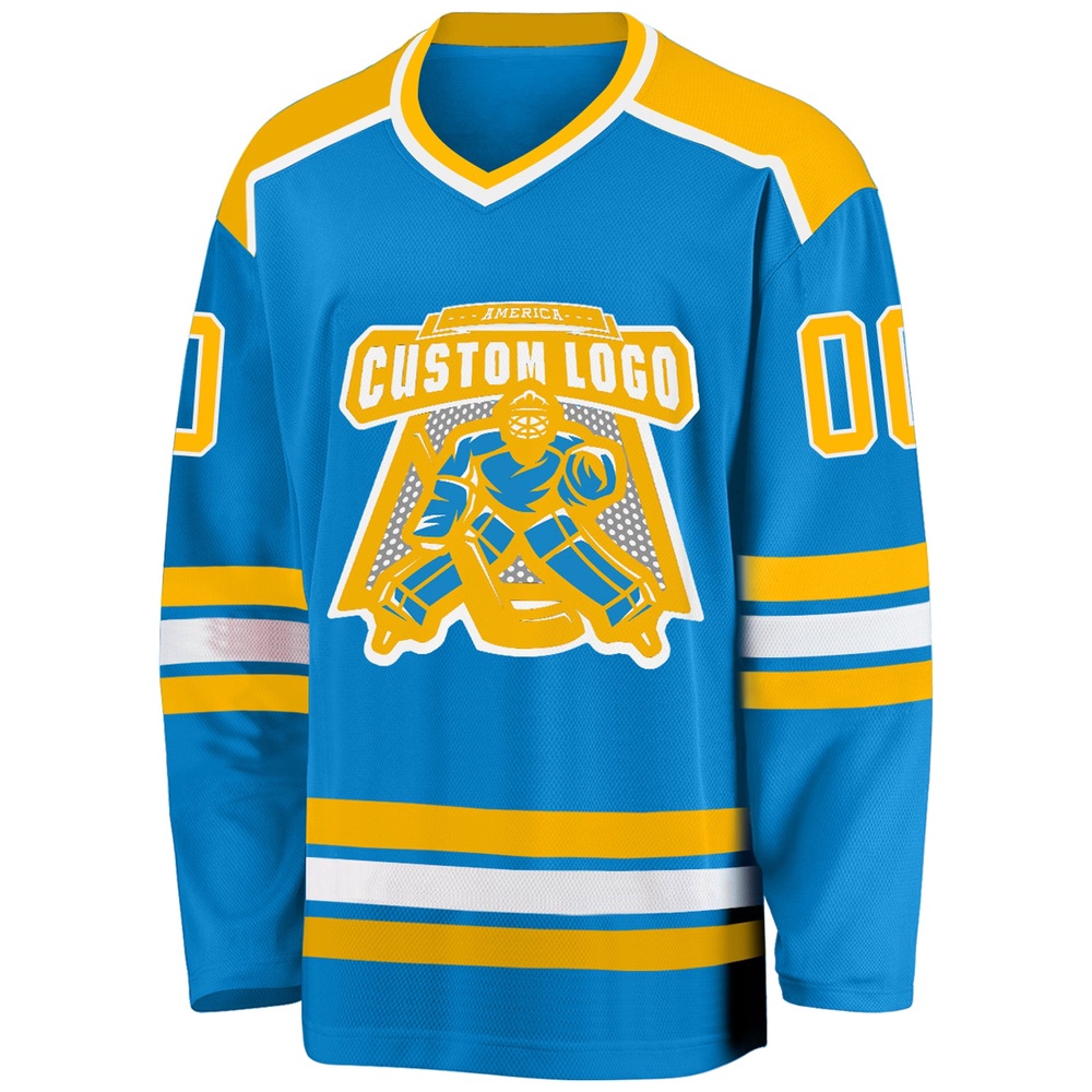 Custom Blue Gold White Hockey Jersey, New Hockey Jersey, Personali Sport Team Jersey Shirt