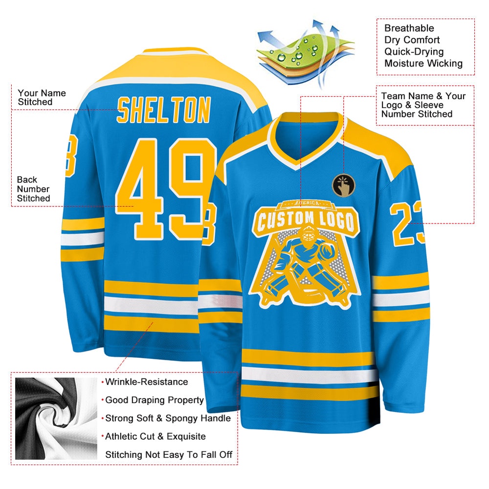 Custom Blue Gold White Hockey Jersey, New Hockey Jersey, Personali Sport Team Jersey Shirt