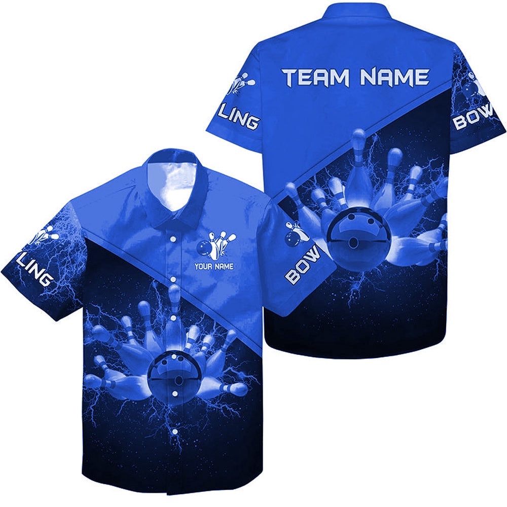 Custom Blue Lightning Thunder Bowling Team Jersey, Custom Team Bowling Hawaiian Shirt