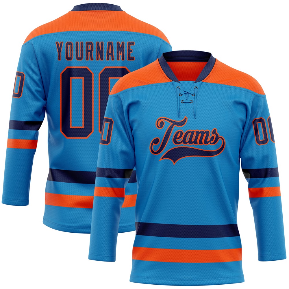 Custom Blue Navy Orange Hockey Lace Neck Jersey, New Hockey Jersey, Personali Sport Team Jersey Shirt Custom Blue Navy Orange Hockey Lace Neck Jersey, New Hockey Jersey, Personali Sport Team Jersey Shirt