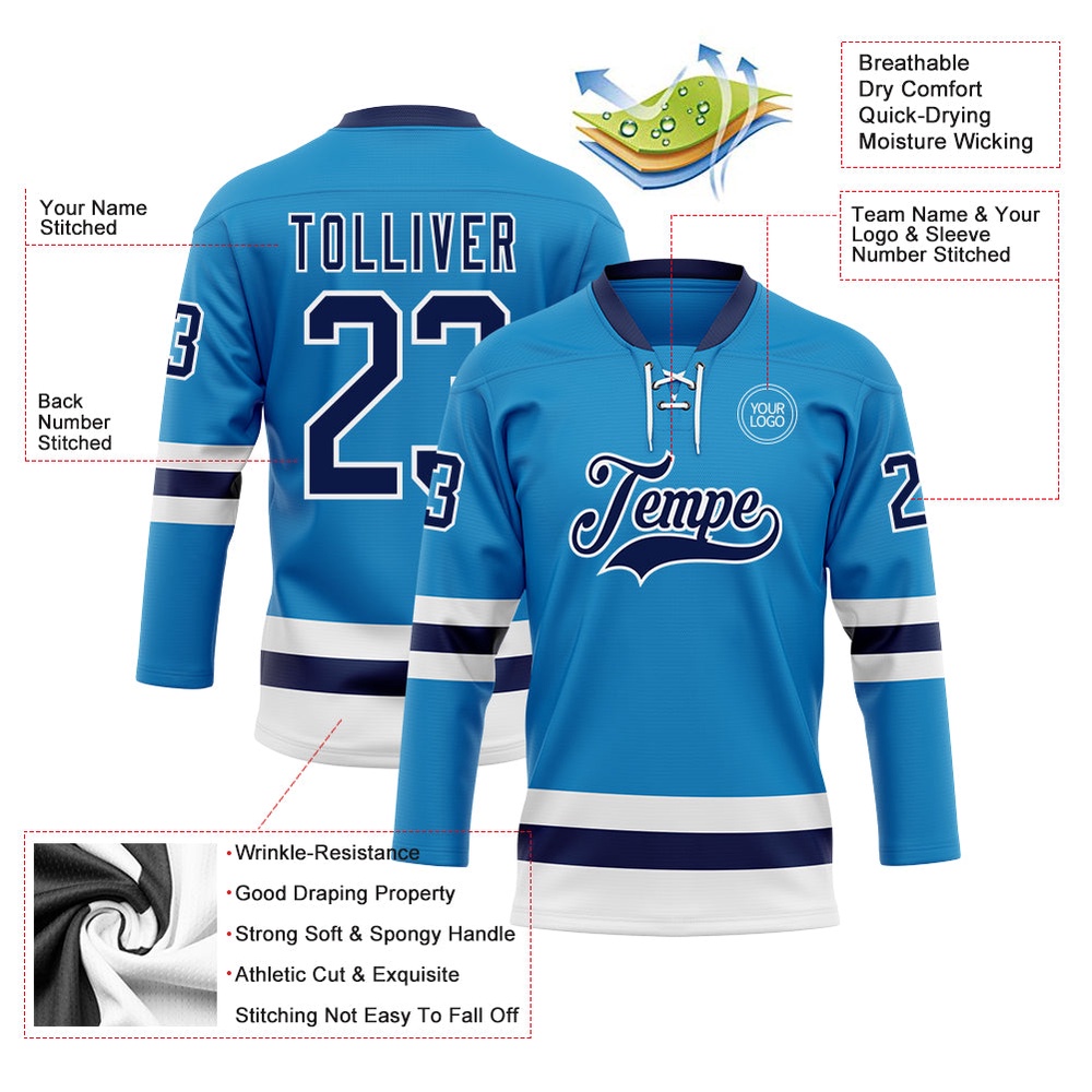 Custom Blue Navy White Hockey Lace Neck Jersey, New Hockey Jersey, Personali Sport Team Jersey Shirt