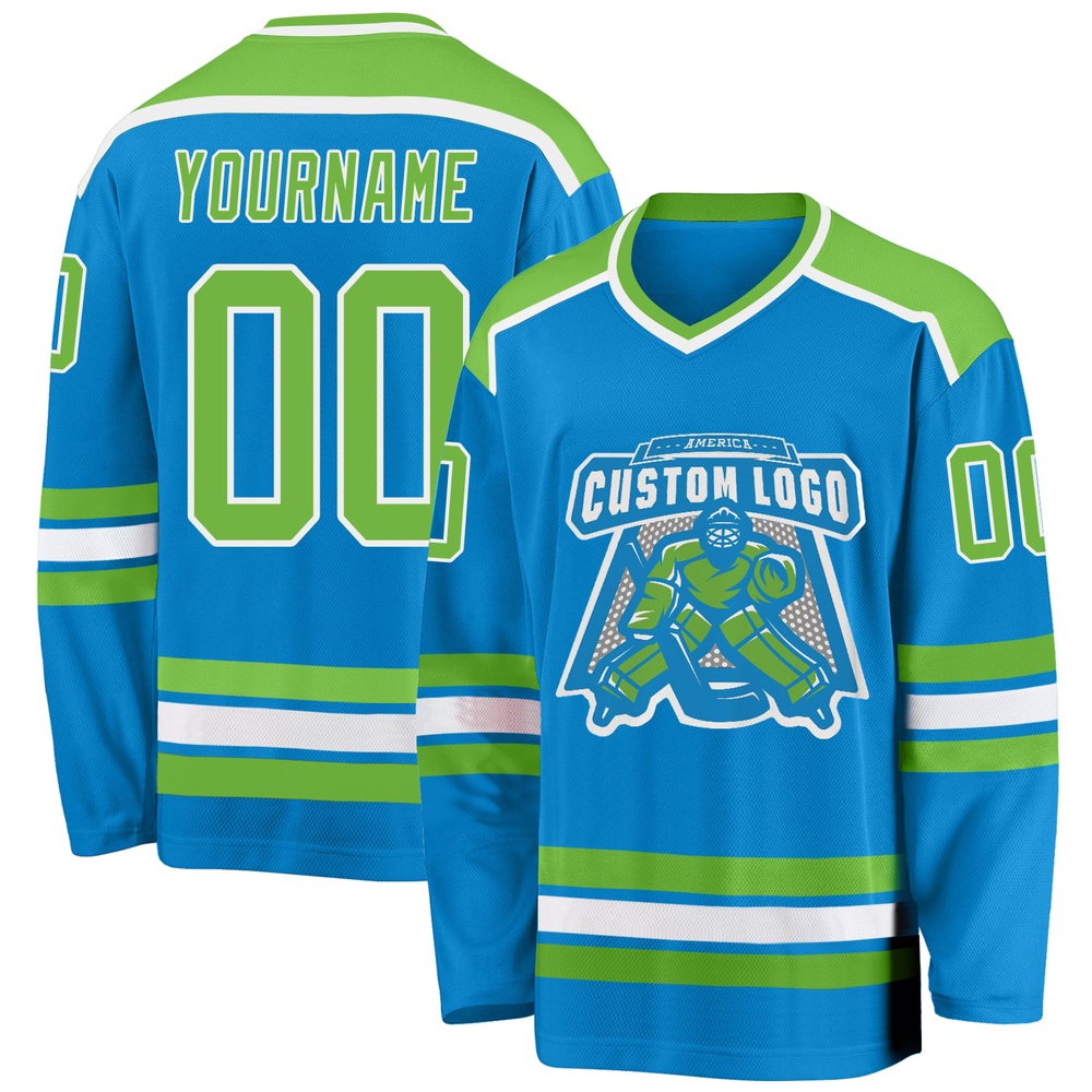 Custom Blue Neon Green White Hockey Jersey, New Hockey Jersey, Personali Sport Team Jersey Shirt