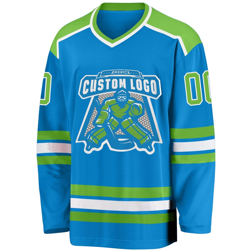 Custom Blue Neon Green White Hockey Jersey, New Hockey Jersey, Personali Sport Team Jersey Shirt