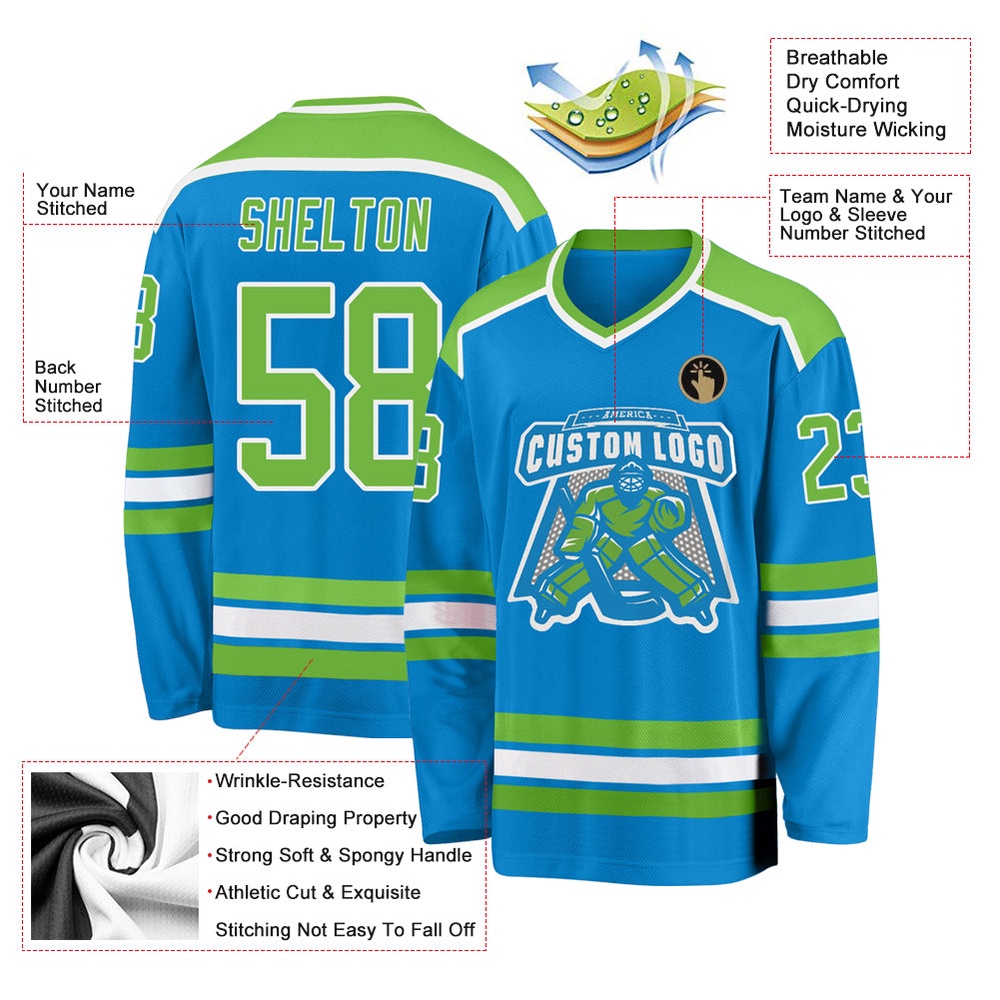 Custom Blue Neon Green White Hockey Jersey, New Hockey Jersey, Personali Sport Team Jersey Shirt
