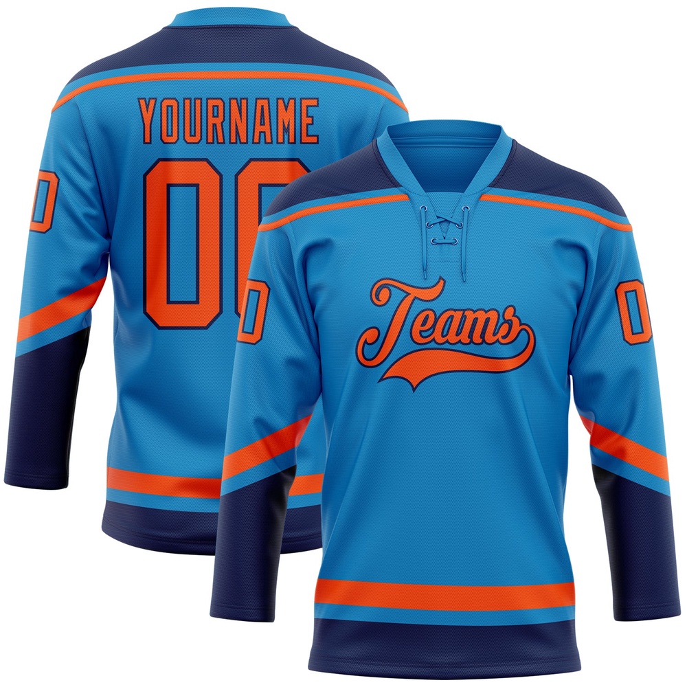 Custom Blue Orange Navy Hockey Lace Neck Jersey, New Hockey Jersey, Personali Sport Team Jersey Shirt Custom Blue Orange Navy Hockey Lace Neck Jersey, New Hockey Jersey, Personali Sport Team Jersey Shirt