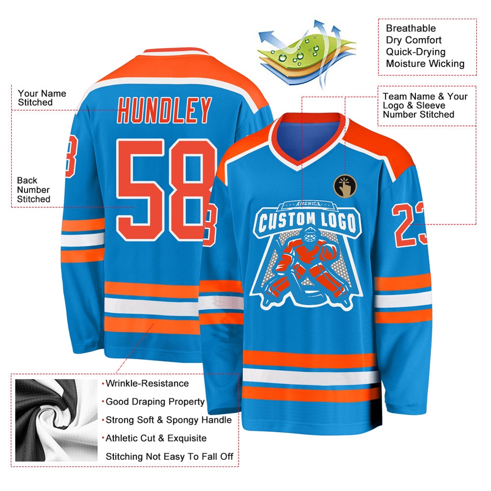 Custom Blue Orange White Hockey Jersey, New Hockey Jersey, Personali Sport Team Jersey Shirt Custom Blue Orange White Hockey Jersey, New Hockey Jersey, Personali Sport Team Jersey Shirt