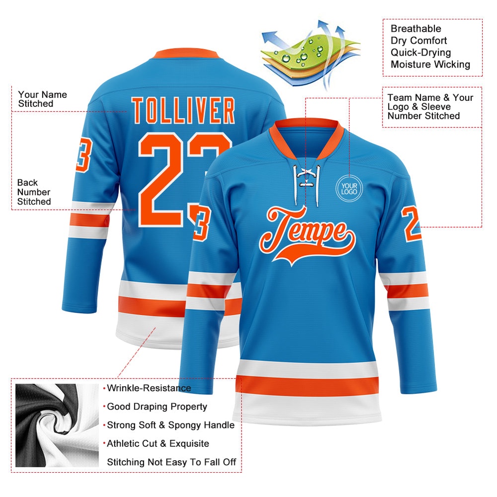 Custom Blue Orange White Hockey Lace Neck Jersey, New Hockey Jersey, Personali Sport Team Jersey Shirt