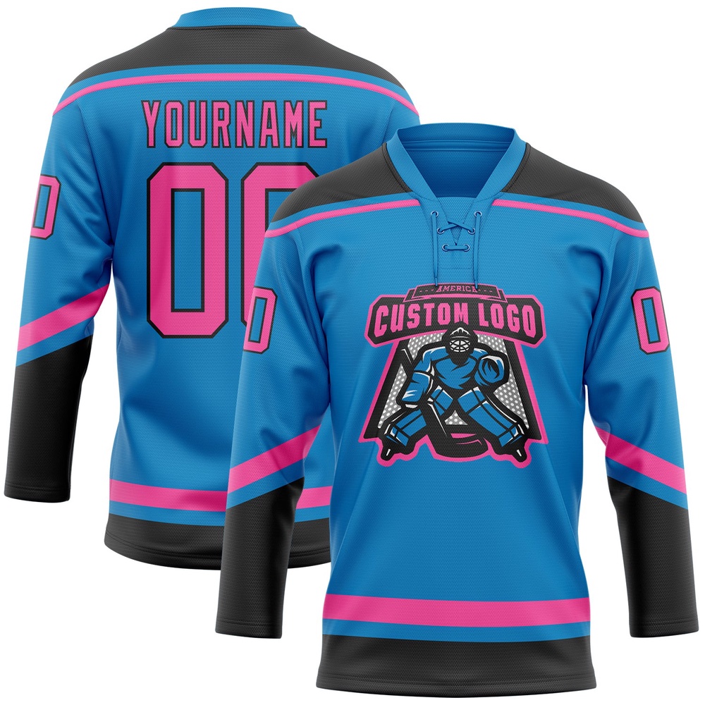 Custom Blue Pink Black Hockey Lace Neck Jersey, New Hockey Jersey, Personali Sport Team Jersey Shirt