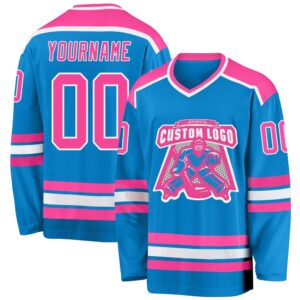 Custom Blue Pink White Hockey Jersey, New&hellip;