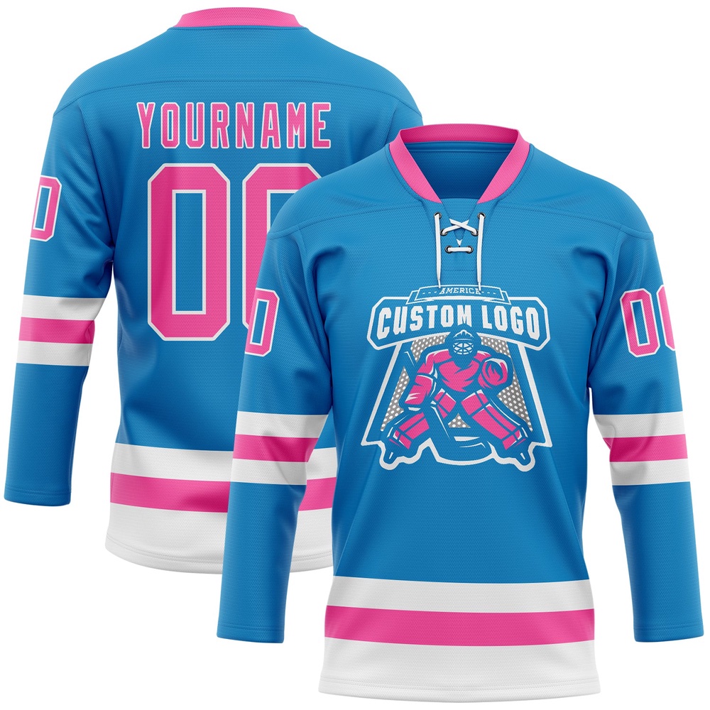 Custom Blue Pink White Hockey Lace Neck Jersey, New Hockey Jersey, Personali Sport Team Jersey Shirt