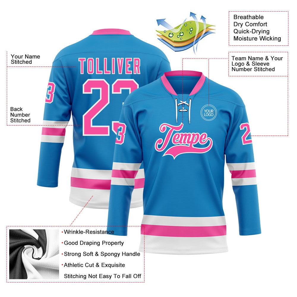 Custom Blue Pink White Hockey Lace Neck Jersey, New Hockey Jersey, Personali Sport Team Jersey Shirt