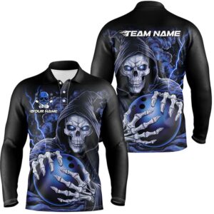 Custom Blue Skull Bowling Long Sleeve Polo&hellip;