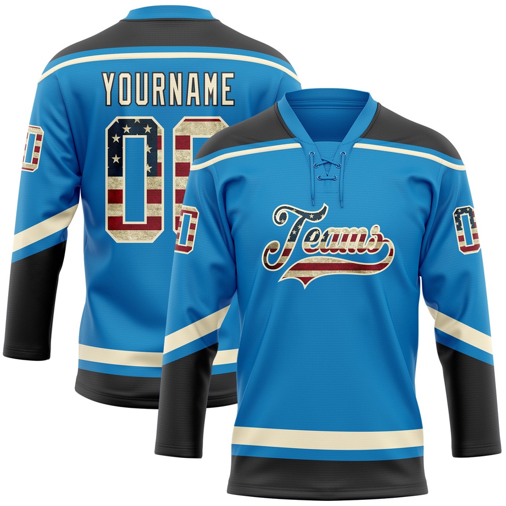 Custom Blue Vintage USA Flag Cream Black Hockey Lace Neck Jersey, New Hockey Jersey, Personali Sport Team Jersey Shirt