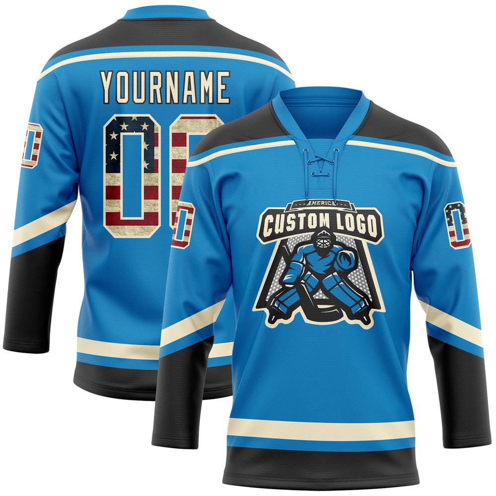 Custom Blue Vintage USA Flag Cream Black Hockey Lace Neck Jersey, New Hockey Jersey, Personali Sport Team Jersey Shirt