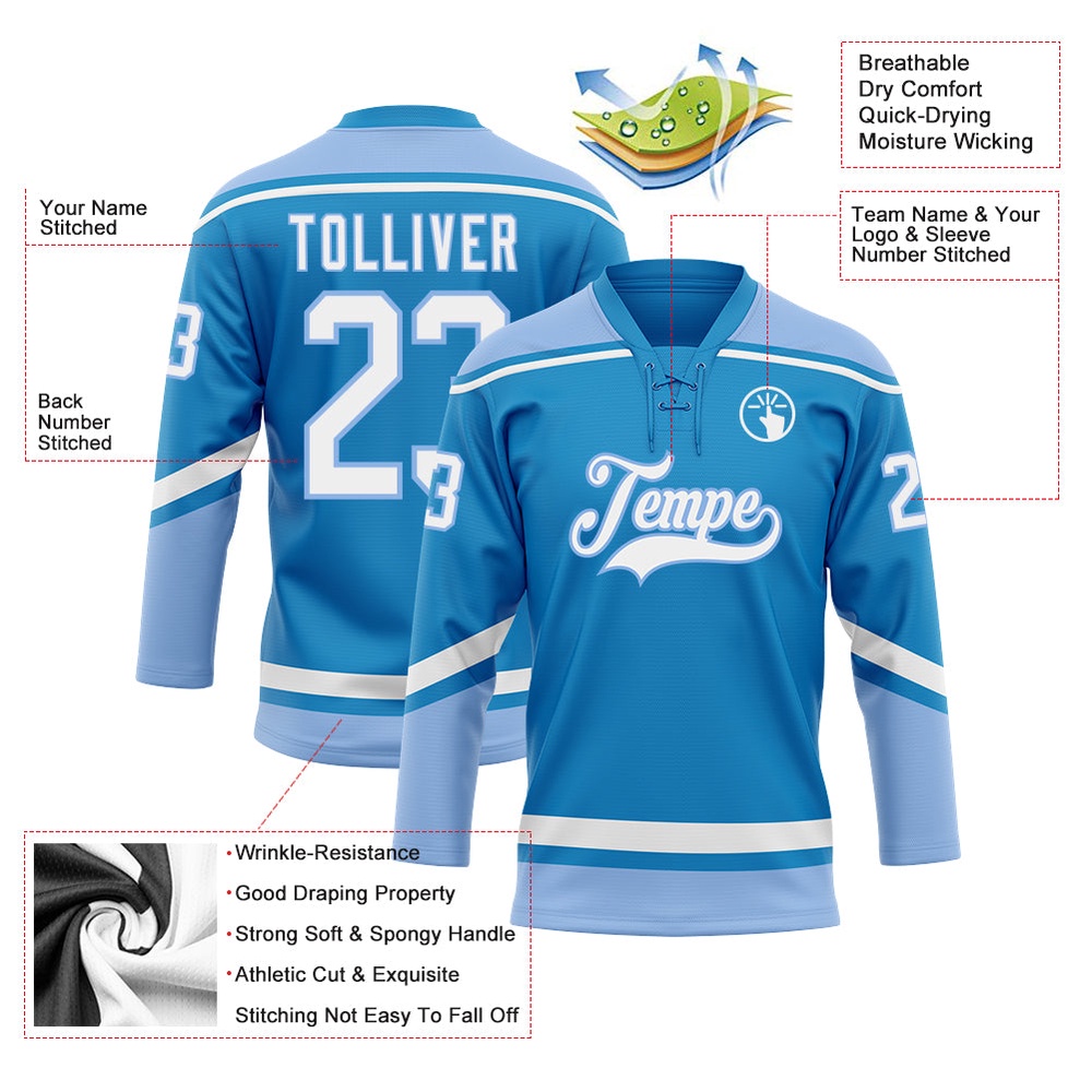 Custom Blue White Light Blue Hockey Lace Neck Jersey, New Hockey Jersey, Personali Sport Team Jersey Shirt Custom Blue White Light Blue Hockey Lace Neck Jersey, New Hockey Jersey, Personali Sport Team Jersey Shirt