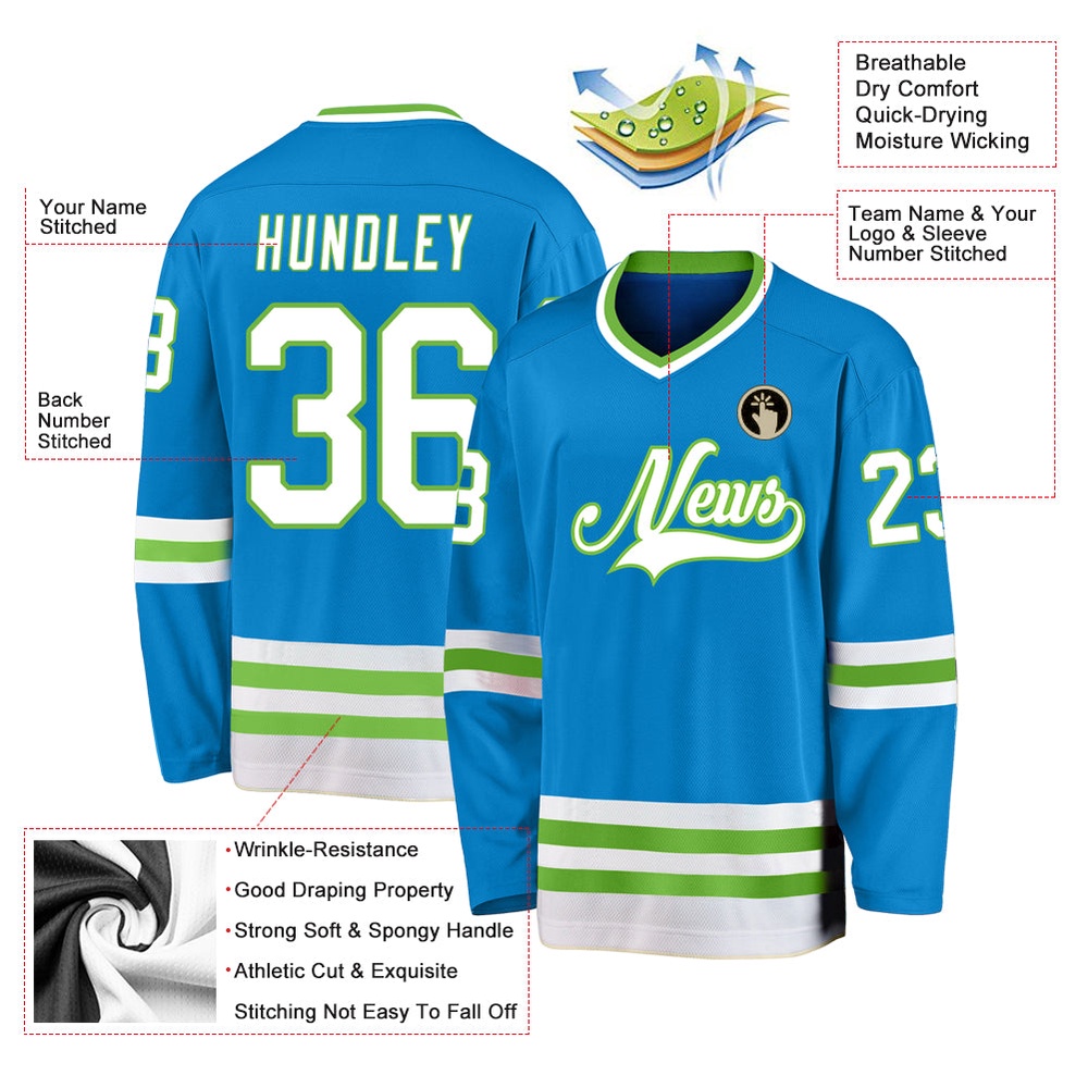 Custom Blue White Neon Green Hockey Jersey, New Hockey Jersey, Personali Sport Team Jersey Shirt