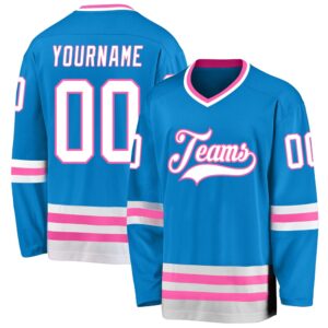 Custom Blue White Pink Hockey Jersey, New&hellip;