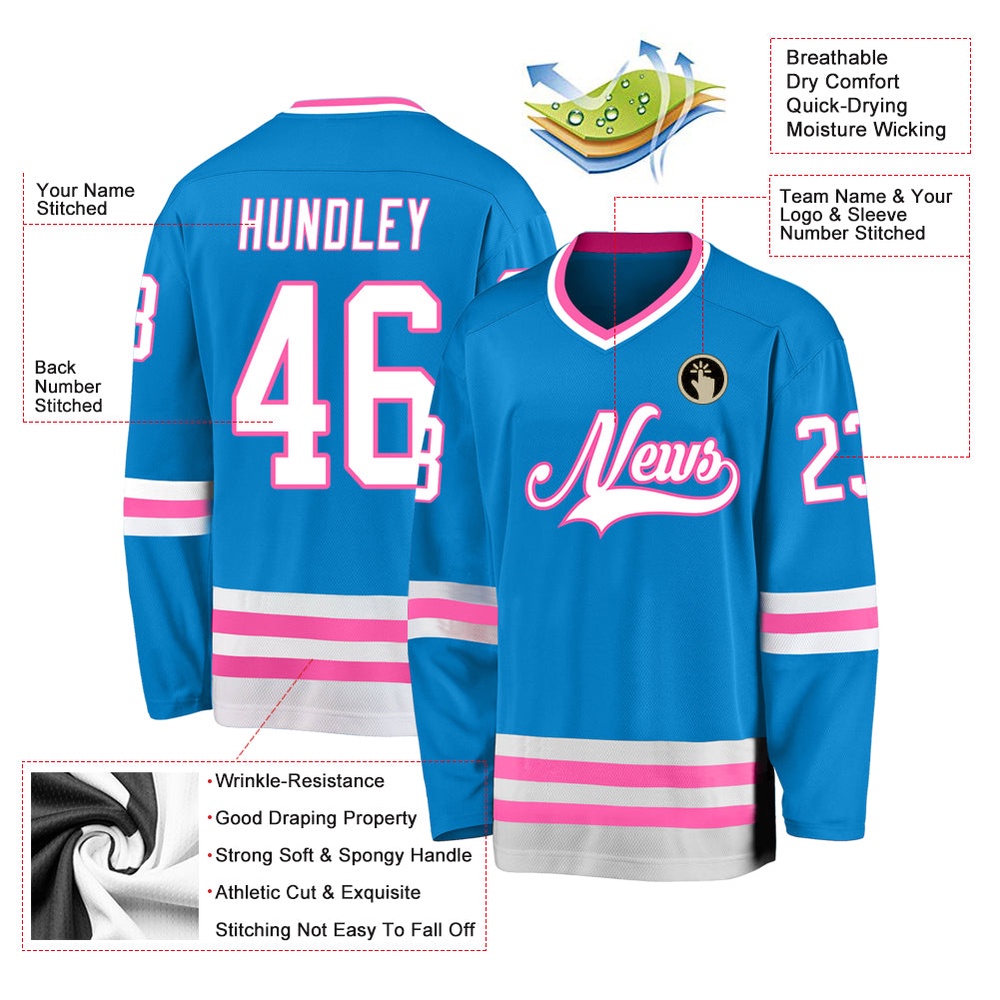 Custom Blue White Pink Hockey Jersey, New Hockey Jersey, Personali Sport Team Jersey Shirt