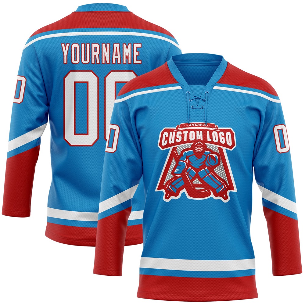 Custom Blue White Red Hockey Lace Neck Jersey, New Hockey Jersey, Personali Sport Team Jersey Shirt
