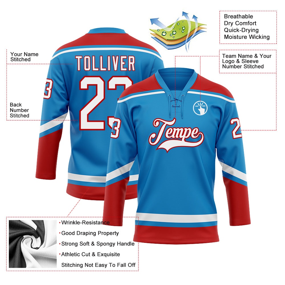 Custom Blue White Red Hockey Lace Neck Jersey, New Hockey Jersey, Personali Sport Team Jersey Shirt