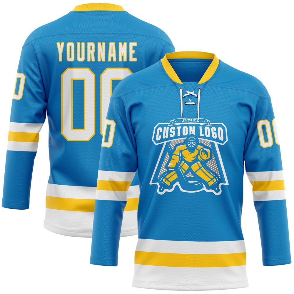 Custom Blue White Yellow Hockey Lace Neck Jersey, New Hockey Jersey, Personali Sport Team Jersey Shirt