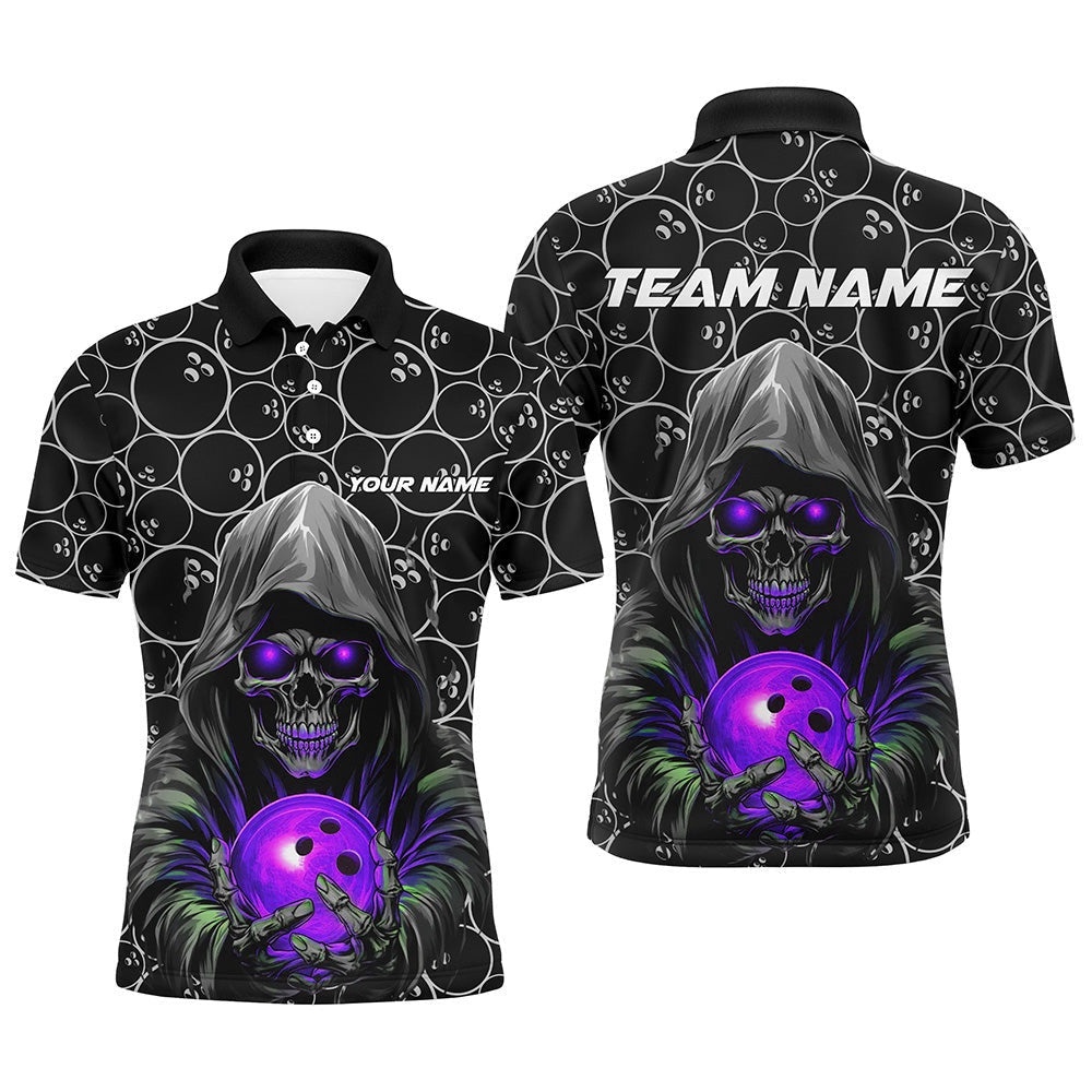 Custom Bowlers Outfits Skull Purple Bowling Polo Shirts Men Bowling League Team Polo Shirt, Personalized Bowling Team Shirt