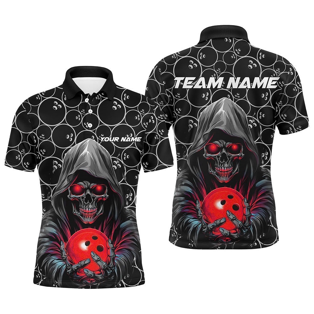 Custom Bowlers Outfits Skull Red Bowling Polo Shirts Men Bowling League Team Polo Shirt, Personalized Bowling Team Shirt