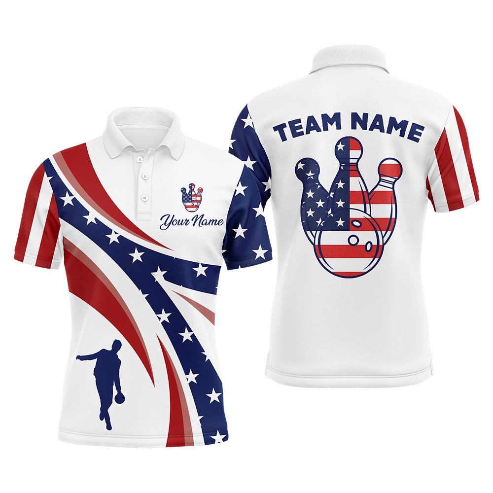 Custom Bowling Polo Shirt For Men American Flag Bowling Team Polo Shirt Patriotic Bowling League Shirt, Personalized Bowling Team Shirt