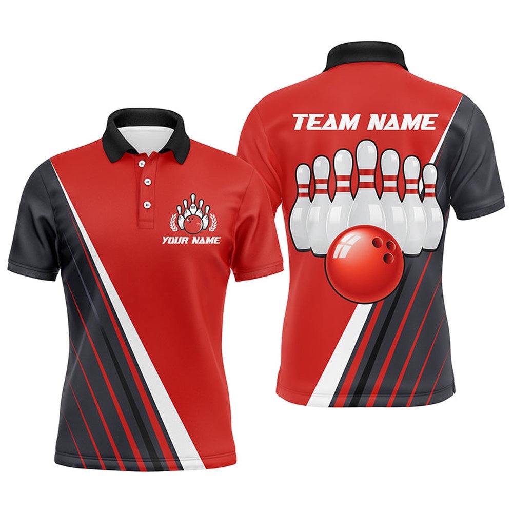 Custom Bowling Polo Shirt For Men Red&Black Bowling Polo Shirt Bowling Team League Shirts, Personalized Bowling Team Shirt