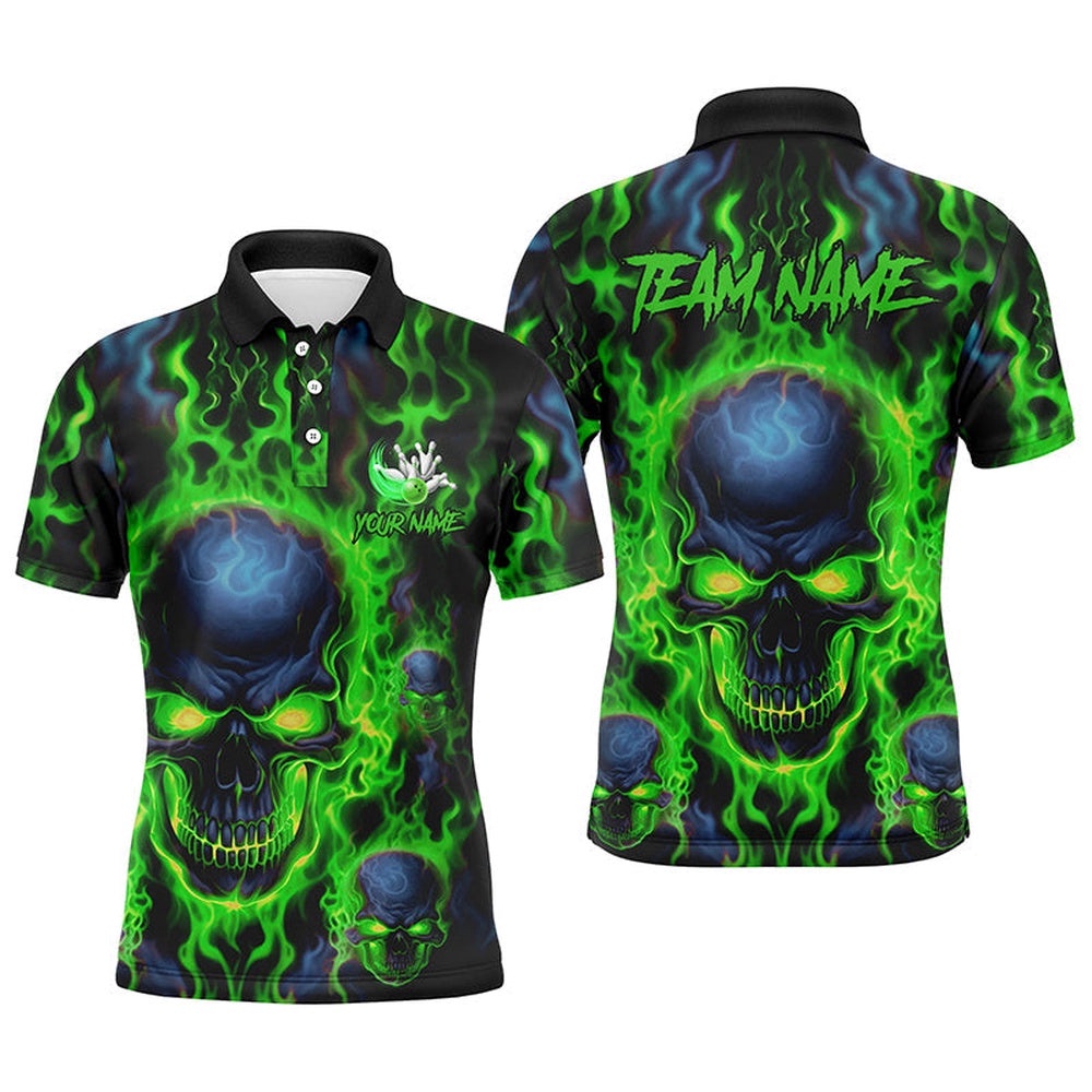 Custom Bowling Polo Shirts Men Green Flame Skull Team Bowling Polo Shirt Halloween Bowler Outfits, Personalized Bowling Team Shirt