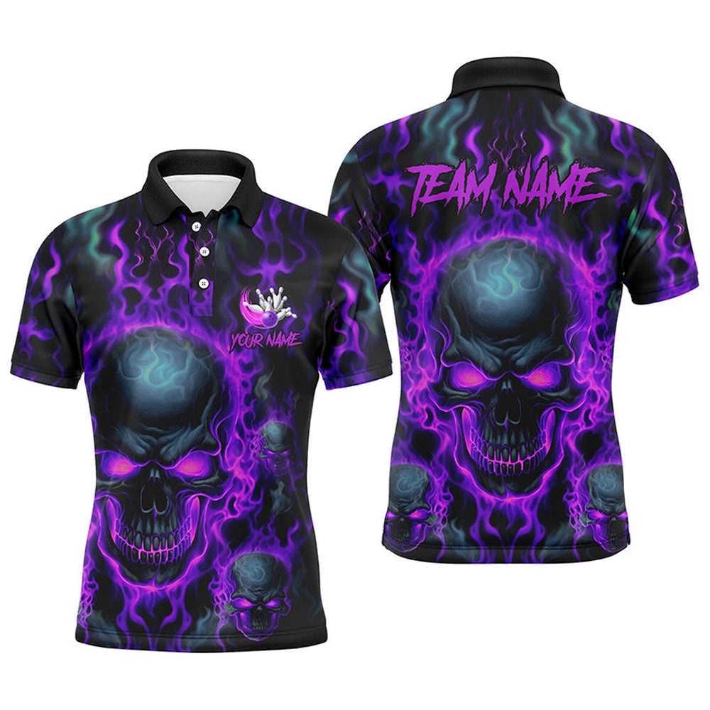 Custom Bowling Polo Shirts Men Purple Flame Skull Team Bowling Polo Shirt Halloween Bowler Outfits, Personalized Bowling Team Shirt