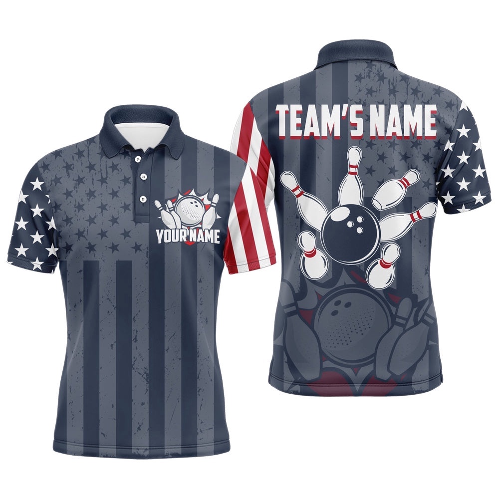 Custom Bowling Shirt For Men American Flag Bowling Polo Shirt For Team Patriotic Navy Bowling Polo Shirt, Personalized Bowling Team Shirt