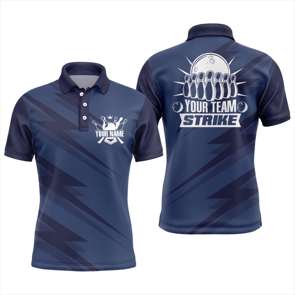 Custom Bowling Shirt For Men Blue Bowling Team League Polo Shirt Strike Bowling Polo Shirt, Personalized Bowling Team Shirt