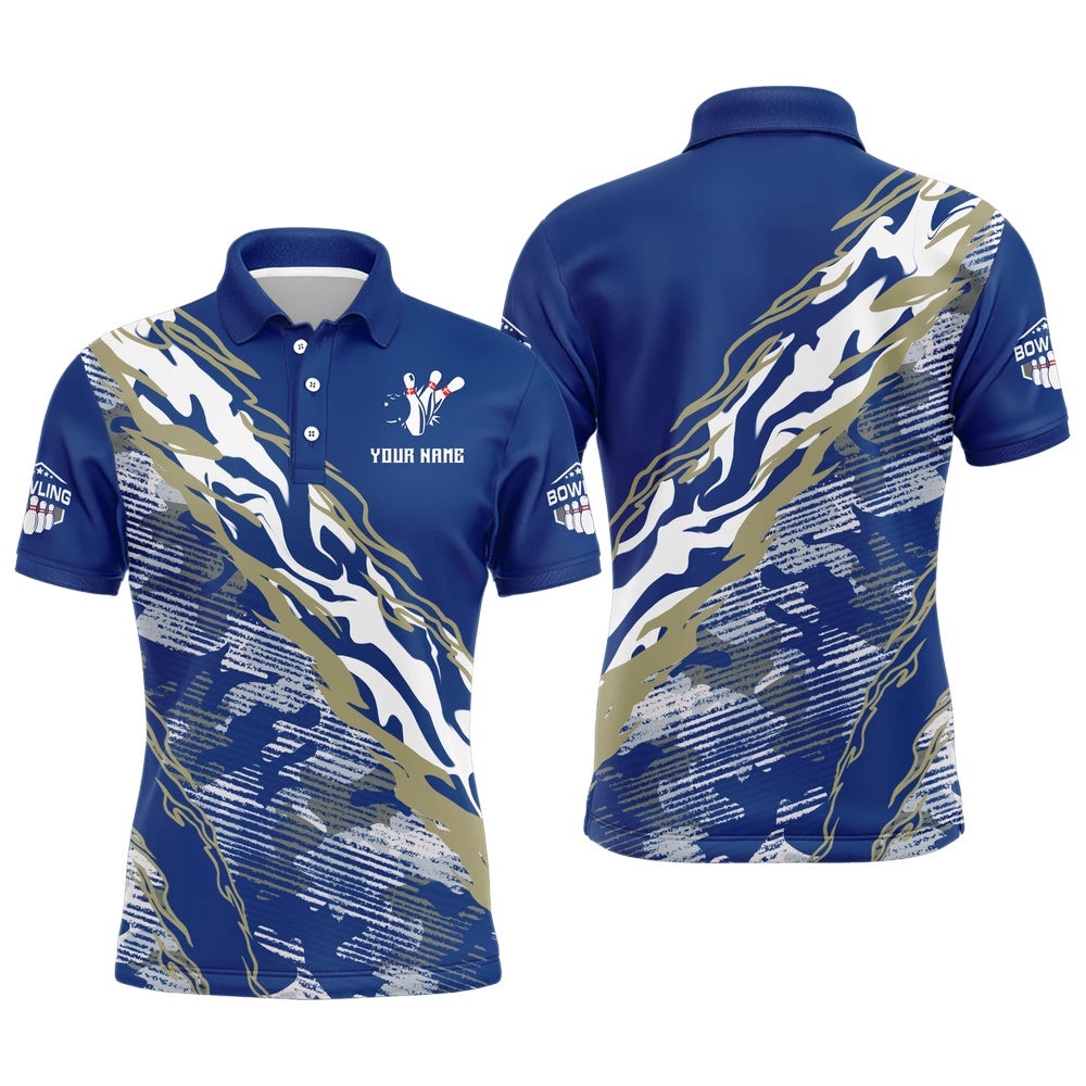 Custom Bowling Shirt For Men Blue Camo Bowling Polo Shirt Flame Bowling Polo Shirt, Personalized Bowling Team Shirt