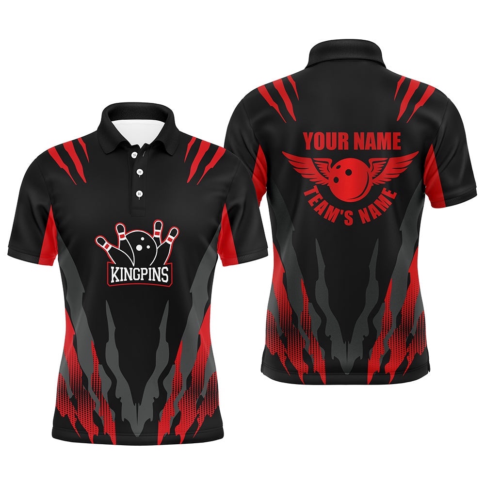 Custom Bowling Shirt For Men, Kingpins Red Polo Bowling Shirt With Name Bowling Team Polo Shirt, Personalized Bowling Team Shirt