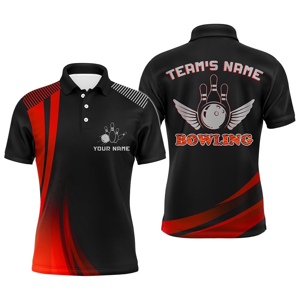 Custom Bowling Shirt For Men, Red & Black Bowling Polo Shirt With Name League Bowling Polo Short Sleeve, Personalized Bowling Team Shirt